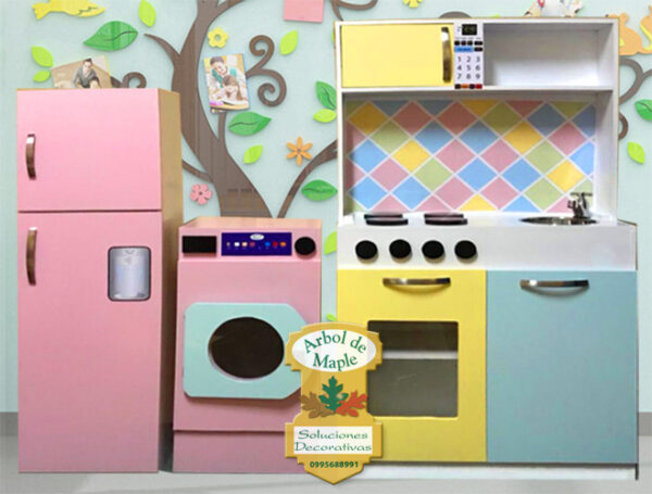 comprar cocina, refrigeradora, lavadora para niñas en madera Quito 1