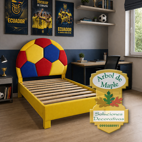 Cama infantil personalizada con espaldar acolchado en forma de balón de fútbol. Quito, Guayaquil, Machala, Quevedo Ambato