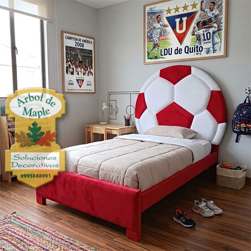 Cama con espaldar acolchado en forma de balón de fútbol de Liga de Quito, LDU. Quito, Cumbayá, Tulcán, Ibarra, Latacunga, Ambato, Loja, Puyo, Macas